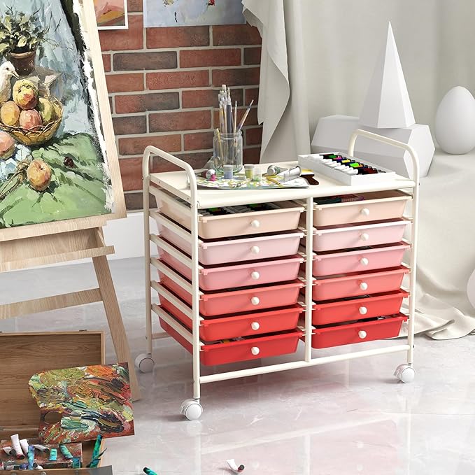 GOFLAME 12-Drawer Rolling Storage Cart, Multifunctional Art Craft Organizer Cart, Mobile Utility Storage Cart with Removable Drawers & Lockable Wheels, Craft Cart for Home Office School, Pink Gradient