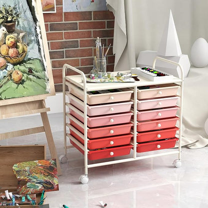 GOFLAME 12-Drawer Rolling Storage Cart, Multifunctional Art Craft Organizer Cart, Mobile Utility Storage Cart with Removable Drawers & Lockable Wheels, Craft Cart for Home Office School, Pink Gradient