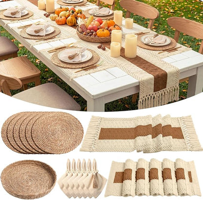 6 Sets Boho Decoration Placemats Round Woven Placemats, Cloth Napkins, Wood Bead Napkin Rings, Long Table Runner and Farmhouse Burlap Cotton for Table Kitchen (Caramel,12x72)