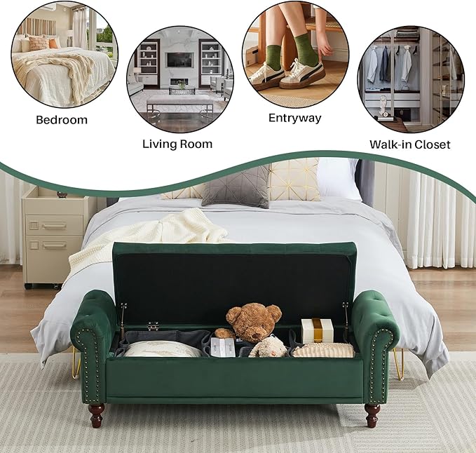 58.1" Storage Bench Upholstered Velvet End of Bedroom Bed Bench Ottoman with Tufted Cushioned Rolled Arm Large Storage Space for Reading Living Room Entryway,Dark Green
