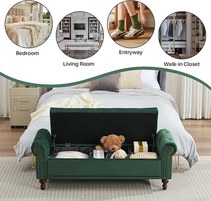58.1" Storage Bench Upholstered Velvet End of Bedroom Bed Bench Ottoman with Tufted Cushioned Rolled Arm Large Storage Space for Reading Living Room Entryway,Dark Green