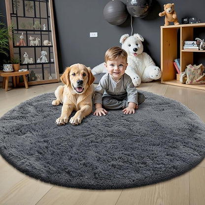OLANLY Grey Round Rugs for Bedroom - Machine Washable, 7 ft Circle Area Rugs for Living Room, Soft and Fluffy Shaggy Carpet for Teen Girls and Boys, Nursery Rooms, Dorms, Home Decor Aesthetic