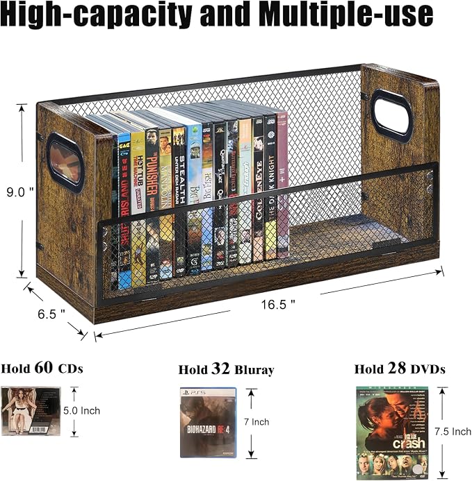 DVD CD Storage Rack, DVD Shelf Holds 28 DVD Cases, Stackable Wood & Metal DVD Tower with Magnetic Opening Door for Easy Access, Desktop Organizer for Blu ray, Video Game, VHS Tapes