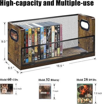 DVD CD Storage Rack, DVD Shelf Holds 28 DVD Cases, Stackable Wood & Metal DVD Tower with Magnetic Opening Door for Easy Access, Desktop Organizer for Blu ray, Video Game, VHS Tapes