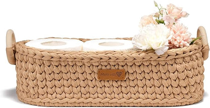 Handwoven Toilet Paper Storage Basket with Wooden Base & Handles - Boho Modern Decor Organizer for Bathroom, Bedroom, Nursery Shelf (Brown)