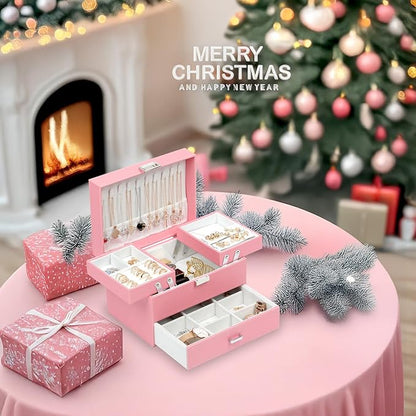 Dajasan Jewelry Box for Girls Women, PU Leather Jewelry Organizer Box, 3 Layers Jewelry Gift Box for Christmas, Valentine's Day, Birthday, Mother's Day (Pink)