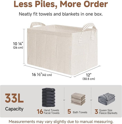 StorageWorks Storage Bins, Fabric Storage Bins for Shelves, Large Storage Baskets with Metal Frame, Closet Baskets and Bins with Handles, Khaki and Beige Stripes, 2-Pack