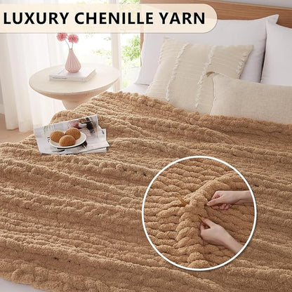 L'AGRATY Chunky Knit Blanket Throw: 50''x60'' Chenille Chunky Knitted Throw Blanket for Bed Couch - Handmade Thick Big Cable Knit Blanket - Large Crochet Rope Blankets for Home Decor(Tan)