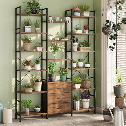 AFLUI Triple Bookshelf with 3 Fabric Drawers, 6-Tier Book Shelf and 10 Display Shelves, Industrial Large Bookcase for Home & Office, Rustic Brown, 47'' Wide