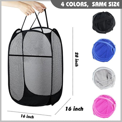 Collapsible Pop Up Laundry Hamper, Extra Large Mesh Foldable Laundry Basket Bag, 28" x 16" x 16", 4 Pack (Black + Pink + Grey + Blue)