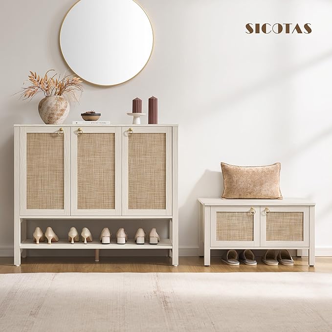 SICOTAS Rattan Shoe Cabinet with Storage - 30 Pairs Boho Shoe Organizer with 3 Doors & Adjustable Shelves, Large Farmhouse Shoe Rack Cabinet for Entryway, Hallway, Living Room (White)