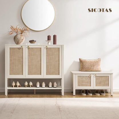 SICOTAS Rattan Shoe Cabinet with Storage - 30 Pairs Boho Shoe Organizer with 3 Doors & Adjustable Shelves, Large Farmhouse Shoe Rack Cabinet for Entryway, Hallway, Living Room (White)