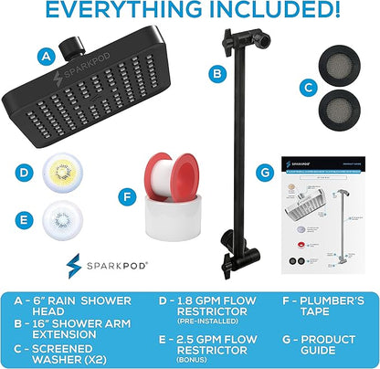 SparkPod Square Rain Shower Head with Shower Head Extension Arm - High Pressure Rain - Luxury Modern Look - No Hassle Tool-less 1-Min Installation (16" Shower Arm Extension, Midnight Black Matte)