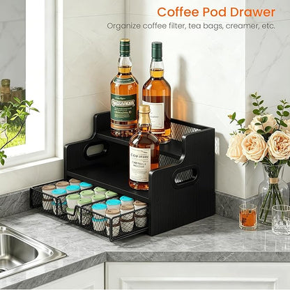 Homode Coffee Syrup Organizer Rack, 3-Tier Syrup Holder Stand with 35 K Cup Storage Drawer, 8 Bottles Capacity, Wood Shelf Liquor Wine Rack for Coffee Bar Countertop, Black