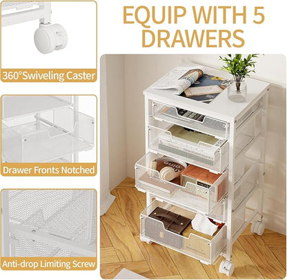 Sbanmao 5 Drawers Rolling Utility Cart, Storage Drawer Cart with Wooden Top, Rolling Storage Cart on Lockable Wheels, Metal Utility Cart & Craft Storage Cart for Bedroom, Classroom, Office, White