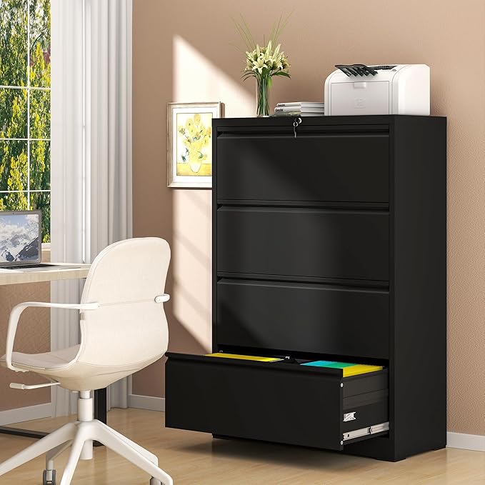 AQY 4 Drawer File Cabinets with Lock,Metal Lateral File Cabinets for Home Office,Steel Wide Filing Organization Storage Cabinets for Hanging Files Letter/Legal/F4/A4 Size Assembly Required(Black)