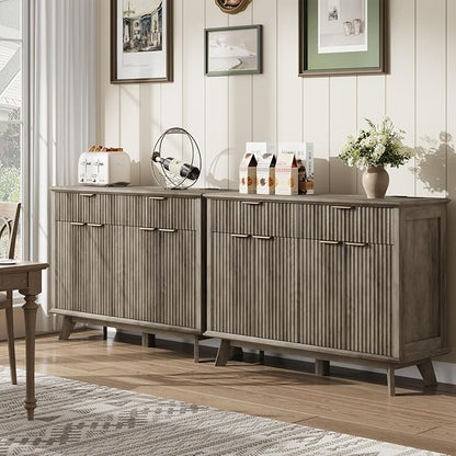 QUW Fluted Buffet Sideboard Cabinet with Storage, 47.2" Kitchen Cabinet with Drawers and Adjustable Shelves, Modern Coffee Bar with Charging Station, for Dining Room, Living Room, Grey
