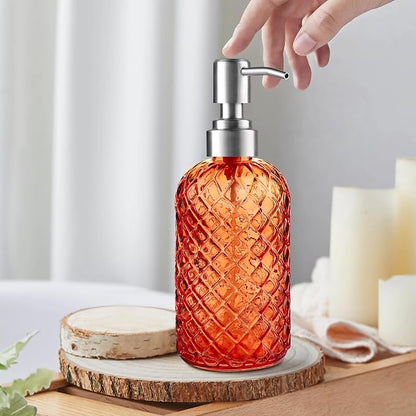 14 Oz Refillable Glass Soap Dispenser with Rust Proof Stainless Steel Pump, for Dispense Hand soap, Body wash, Lotion (Orange)