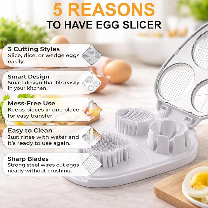 Egg Slicer for Hard Boiled Eggs – 3-in-1 Stainless Steel Egg Cutter & Hard Boiled Egg Slicer, Heavy Duty Egg Chopper with Cleaning Brush for Strawberry, Mushroom, Grape, Cherry Tomato