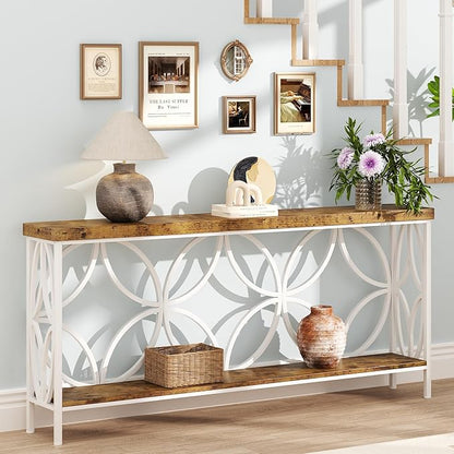 karlott 70.9 inch Extra Long Console Table, Industrial Sofa Table Behind Couch with 2 Tier Storage Shelf, Narrow Long Entryway Table for Living Room, Foyer, Hallway, Office, White