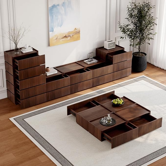 Coffee Table with Storage,Modern Center Table with 4 Hidden Drawers for Living Room,Rectangle Coffee Table for Home Furniture,Bedroom,Dark Walnut