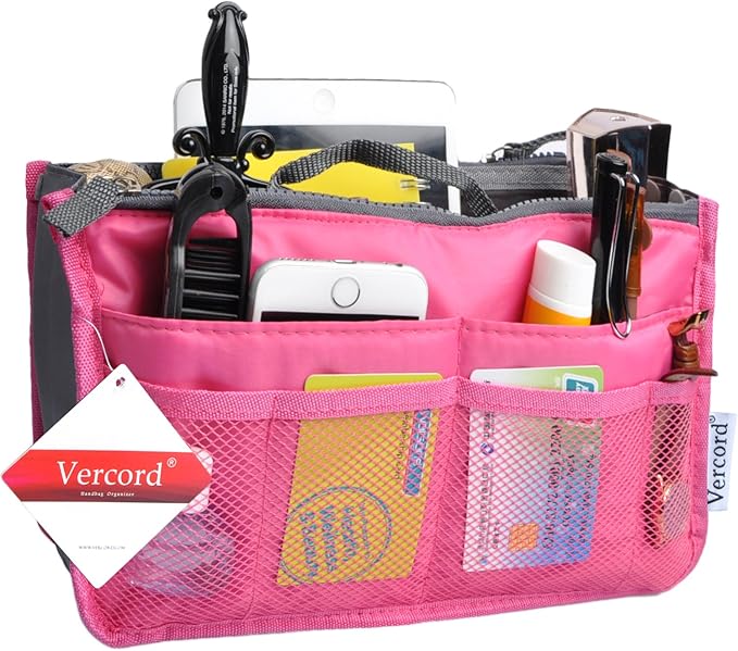 Vercord Purse Organizer Insert for Handbags Bag Organizers Inside Tote Pocketbook Women Nurse Nylon 13 Pockets Rose Large