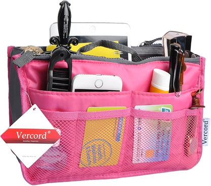 Vercord Purse Organizer Insert for Handbags Bag Organizers Inside Tote Pocketbook Women Nurse Nylon 13 Pockets Rose Small