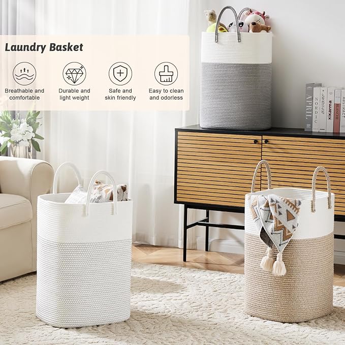 Laundry Basket,Woven Cotton Rope Laundry Hamper,Versatile Storage for Dirty Clothes,Baby Toys,and Blankets in Bathroom, Nursery,and Living Room (White, 60L)