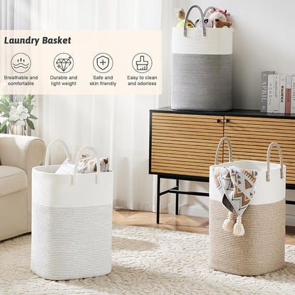 Laundry Basket,Woven Cotton Rope Laundry Hamper,Versatile Storage for Dirty Clothes,Baby Toys,and Blankets in Bathroom, Nursery,and Living Room (Grey, 60L)