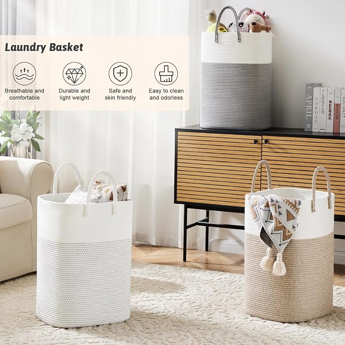 Artfeel Laundry Basket,Woven Cotton Rope Laundry Hamper,100L Versatile Storage for Dirty Clothes,Baby Toys,and Blankets in Bathroom, Nursery,and Living Room
