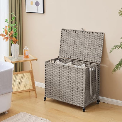 Laundry Hamper with Wheels, 34.3 Gallon(130L) Rolling Laundry Basket with Lid, 3-Section Rattan Clothes Hamper with 3 Removable Liner & 3 Mesh Bags, Laundry Sorter with Side Pocket, Grey