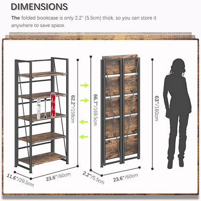 4NM No Assembly Folding Bookshelf, 5-Shelf 62.2" H Collapsible Foldable Bookcase Storage for Small Spaces, Rustic Brown and Black | 4NM, No-Assembly, Folding, Bookshelf, Storage Shelves, 5 Tiers