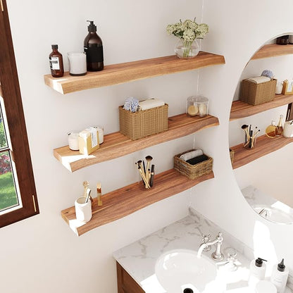 Howizz 24" Acacia Live Edge Floating Shelves Set of 2 - Wall Mounted Wooden Shelf for Stylish Home Décor - Teak Look Color 24x7.5x1.5 Inches