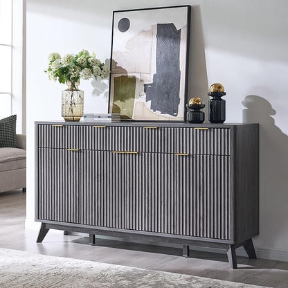 T4TREAM Large Buffet Sideboard Cabinet with Storages, 60" Fluted Modern Buffet Table Coffee Bar Wine Bar Storage Cabinet with 3 Drawers & 4 Doors for Dining Room, Living Room, Hallway(Dark Alder)