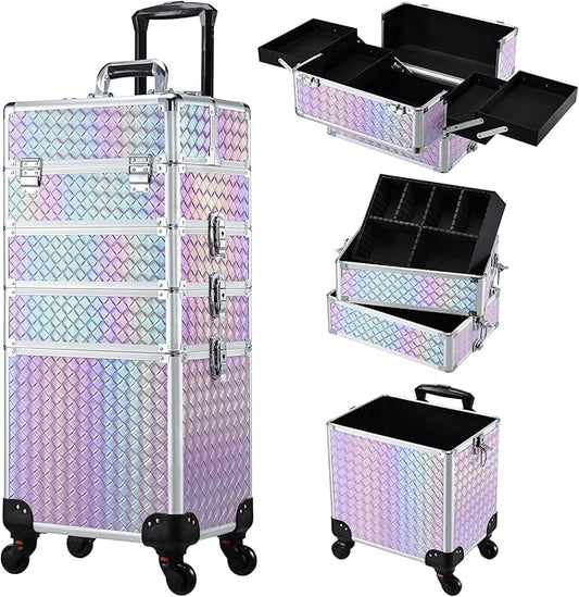 Stagiant Rolling Makeup Case Cosmetology Case on Wheels 4 in 1 Makeup Travel Case Extra Large Cosmetic Box with Key Make Up Artist Traveling Storage Nail Case Salon Barber Cart Trunk Pinkish Purple