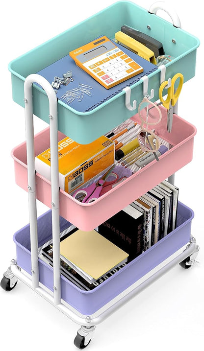 Simple Houseware 3-Tier Heavy Duty Metal Utility Rolling Cart, Multicolor