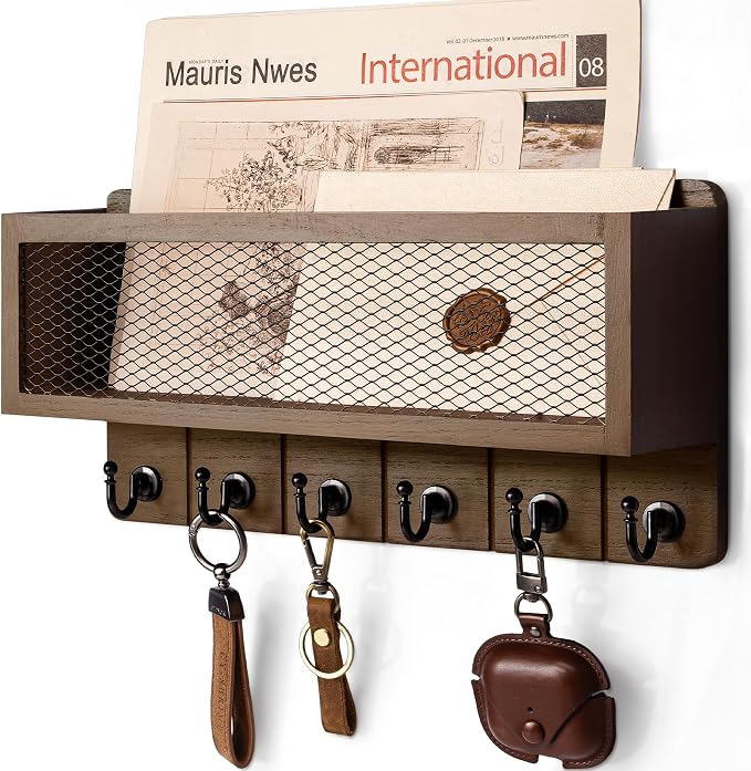 Rebee Vision Farmhouse Key Holder for Wall with Mail Storage Basket : Decorative Wall Mount Organizer with 6 Sturdy Wall Hooks and Wooden Key Rack - Rustic Home Decor (Retro Brown)