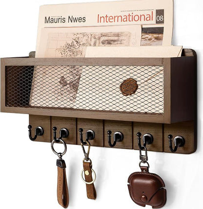 Rebee Vision Farmhouse Key Holder for Wall with Mail Storage Basket : Decorative Wall Mount Organizer with 6 Sturdy Wall Hooks and Wooden Key Rack - Rustic Home Decor (Retro Brown)