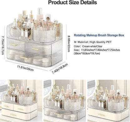 DASITON Makeup Organizer with Drawers and Rotating Makeup Brush Holder,Large Capacity Stackable Cosmetic Organizer Countertop,Bathroom Organizers and Storage,Make up Organizers for Vanity (Clear 03)