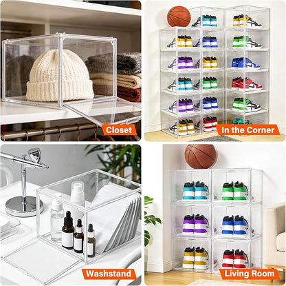 1 Pack Acrylic Drop Front Shoe Boxes Fit Size 13, Clear Stackable Shoe Organizer with Front Side Magnetic Door for Closet, Entryway, Underbed, Multiple Display Cases for Hats, Figures, Sneakers