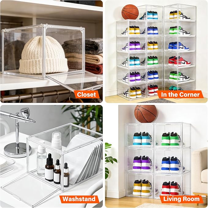 2 Pack Drop Front Shoe Boxes Fit US Size 13, Acrylic Shoe Organizer Clear Stackable Sneaker Sotrage Box for Entryway, Home, Underbed, Multiple Display Cases for Cosmetic, Hats, Figures, Sneakers