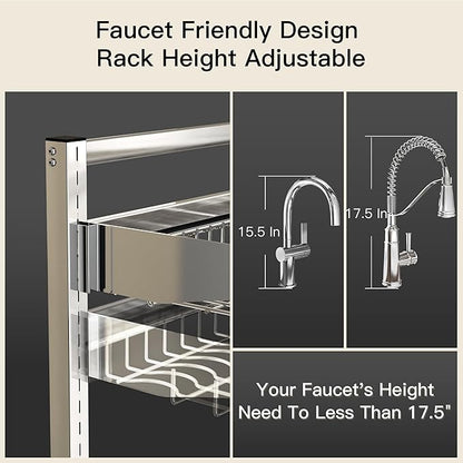3 Tier Extra Large Stainless Steel Expandable Over The Sink Dish Drainer Drying Rack, Rust Proof Metal, Space Saving, Modern Silver Big Capacity Extendable Plate Strainers Above Kitchen Counter