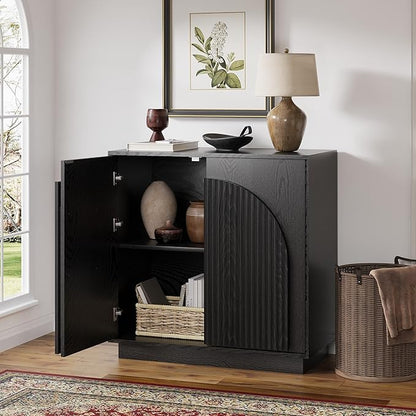 win2win Fluted Sideboard Buffet Cabinet with Storage, 31.5" Modern Accent Cabinet with Double-Layered Arch Doors, Small Wood Console Credenza for Living Room, Dining Room, Entryway, Black, 3PCS