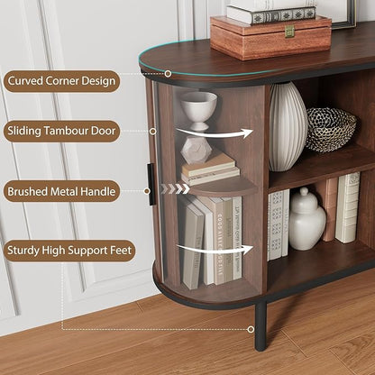 QUW Console Table with Sliding Tambour Doors, 47" TV Stand with Storage & Adjustable Open Shelves for TVs up to 55", Modern Entryway Table for Living Room, Foyer, Hallway, Dark Walnut
