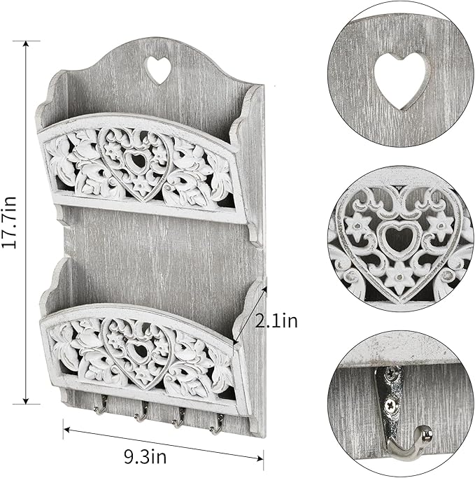 Mail Organizer with Key Holder,2-Slot Mail Holder with 4 Key Hooks for Wall Decorative, Wooden Hanging Organizer for File Letter in Shelf Home Farmhouse Decor for Entryway Office