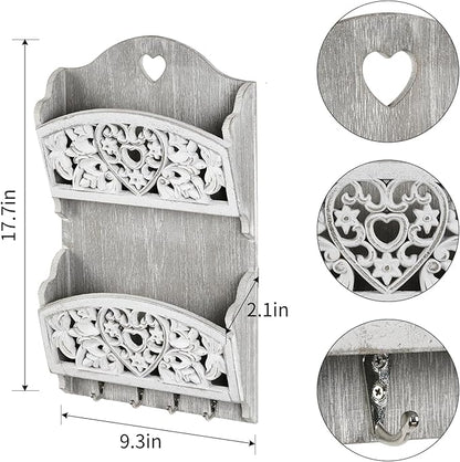 Mail Organizer with Key Holder,2-Slot Mail Holder with 4 Key Hooks for Wall Decorative, Wooden Hanging Organizer for File Letter in Shelf Home Farmhouse Decor for Entryway Office