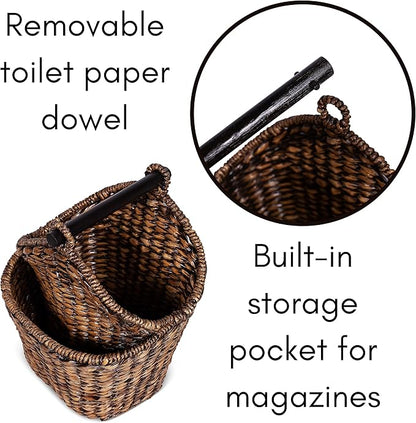 BIRDROCK HOME Seagrass Magazine and Bathroom Basket - Hand Woven Toilet Paper Holder with Pocket - Grey Wash - Stylish Decorative Design - Wooden Basket Décor - Dispenser