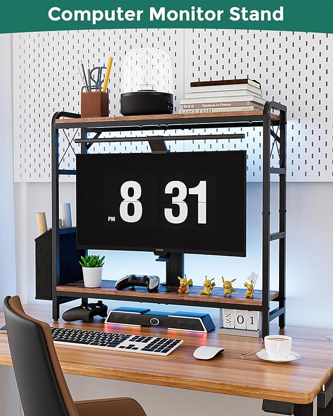Desktop Shelves, Monitor Stand with Adjustable Shelves and Side Pockets, 2-Tier Desktop Bookshelf Organizer, Large Capacity Display Shelf Rack, Desk Hutch for Home Office, Rustic Brown