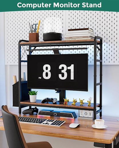 Desktop Shelves, Monitor Stand with Adjustable Shelves and Side Pockets, 2-Tier Desktop Bookshelf Organizer, Large Capacity Display Shelf Rack, Desk Hutch for Home Office, Rustic Brown