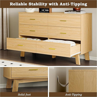 Dresser for Bedroom with 6-Drawer, 47.2" Modern Chest of Drawers with Metal Handles, X-Shape Base & Adjustable Center Leg, Anti-Tip Closet Organizers and Storage